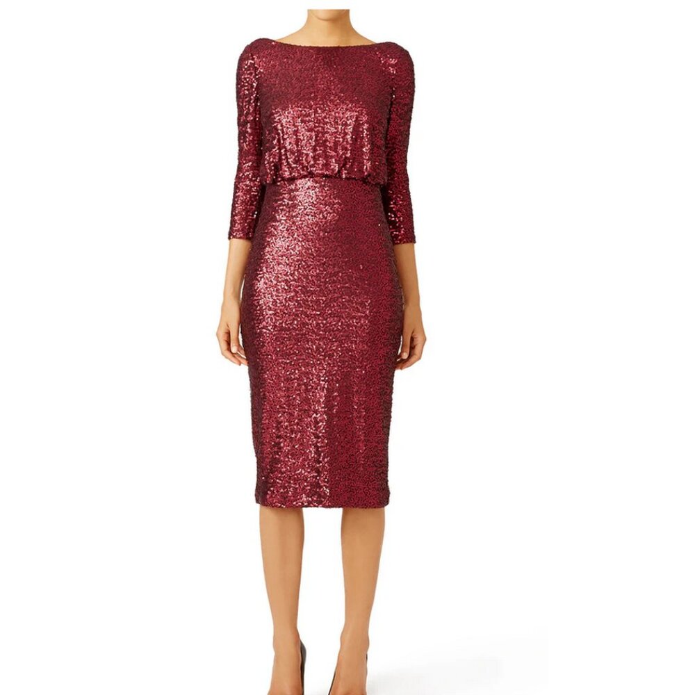 Badgley Mischka Collection Cowl Back Full Sequin Burgundy Holiday Dress